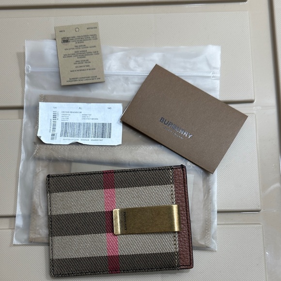 Burberry Other - Burberry Beige Check Card Holder with Brown Trim and Red Stripe